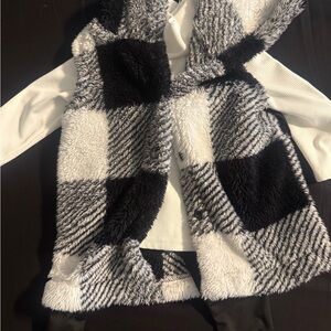 Baby Girl 3pc Cozy Sherpa Vest Outfit Set Black White Plaid 6-9M Fall Winter